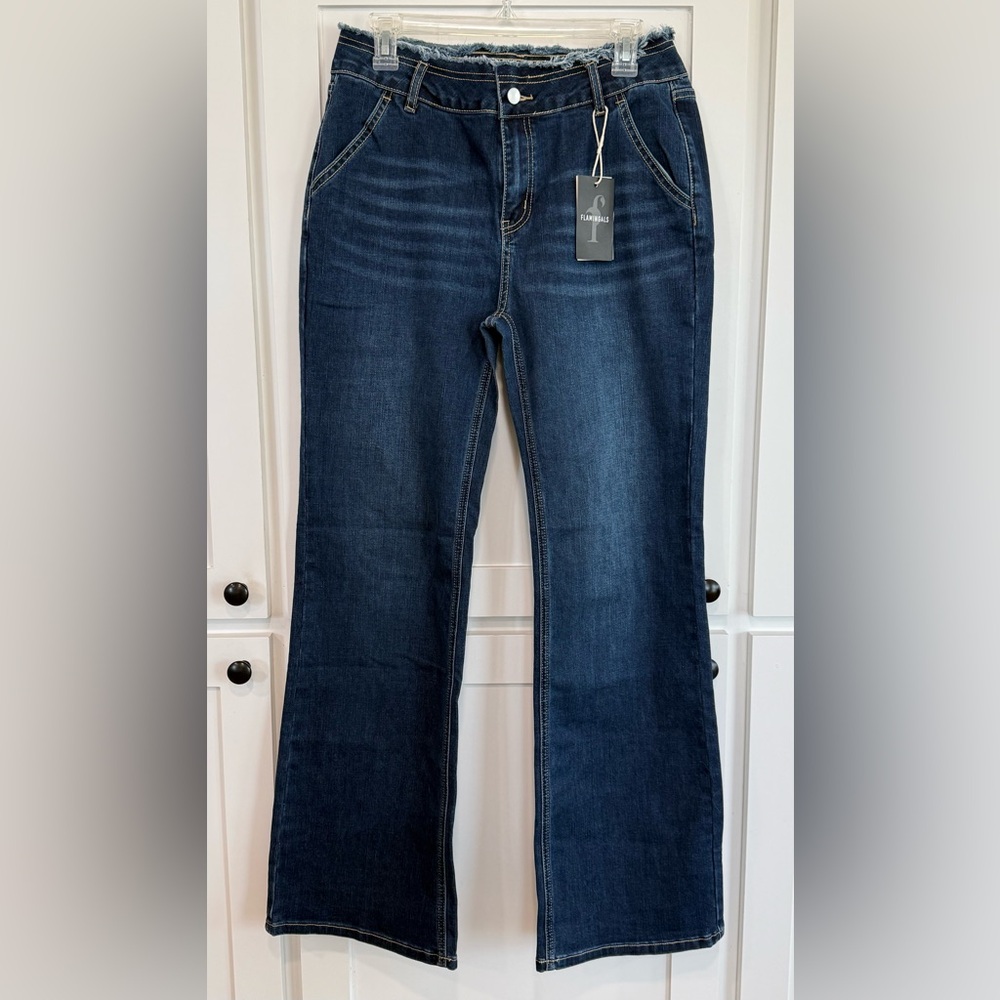 FLAMINGALS Dark Blue Raw Hem Jeans NWT